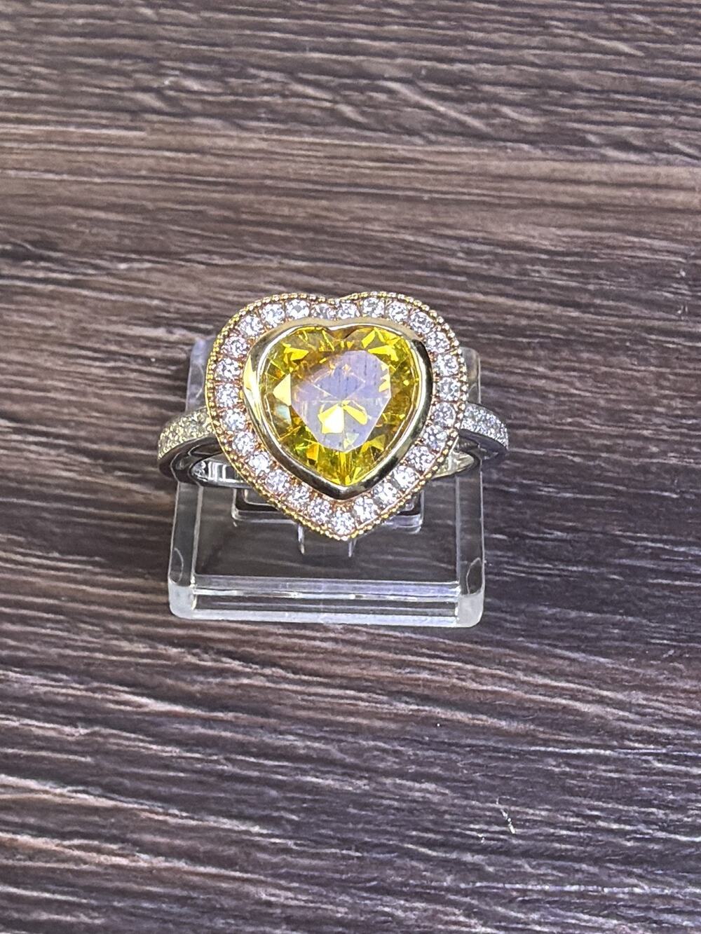 925 Sterling Silver Canary Yellow Heart CZ Double Halo Cocktail Ring Size 8